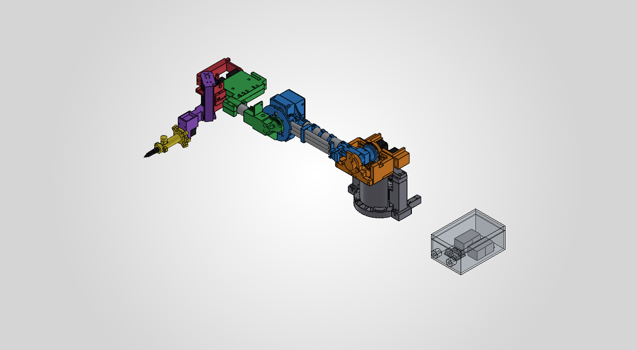 Isometric view of the deconstructed robot arm CAD assembly